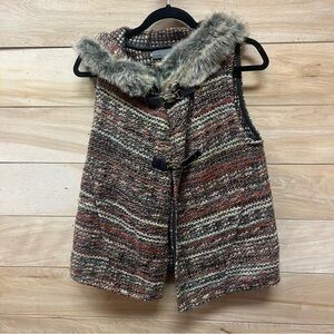 Zara rare tweed knit metal clasp fur trim hood Coachella festival vest